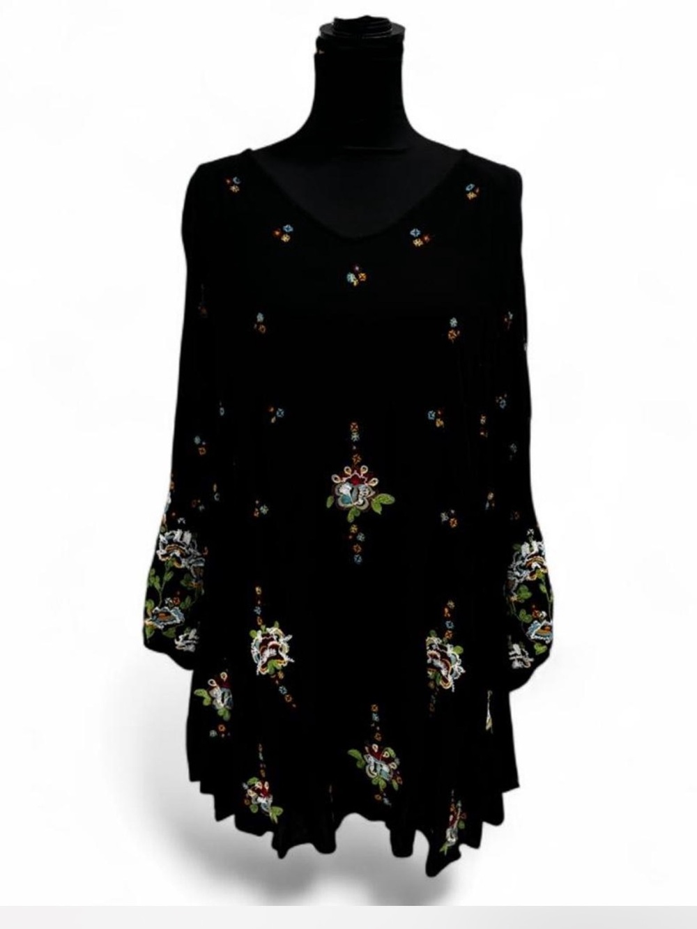 Free People Black Embroidered Floral V‑Neck Tunic